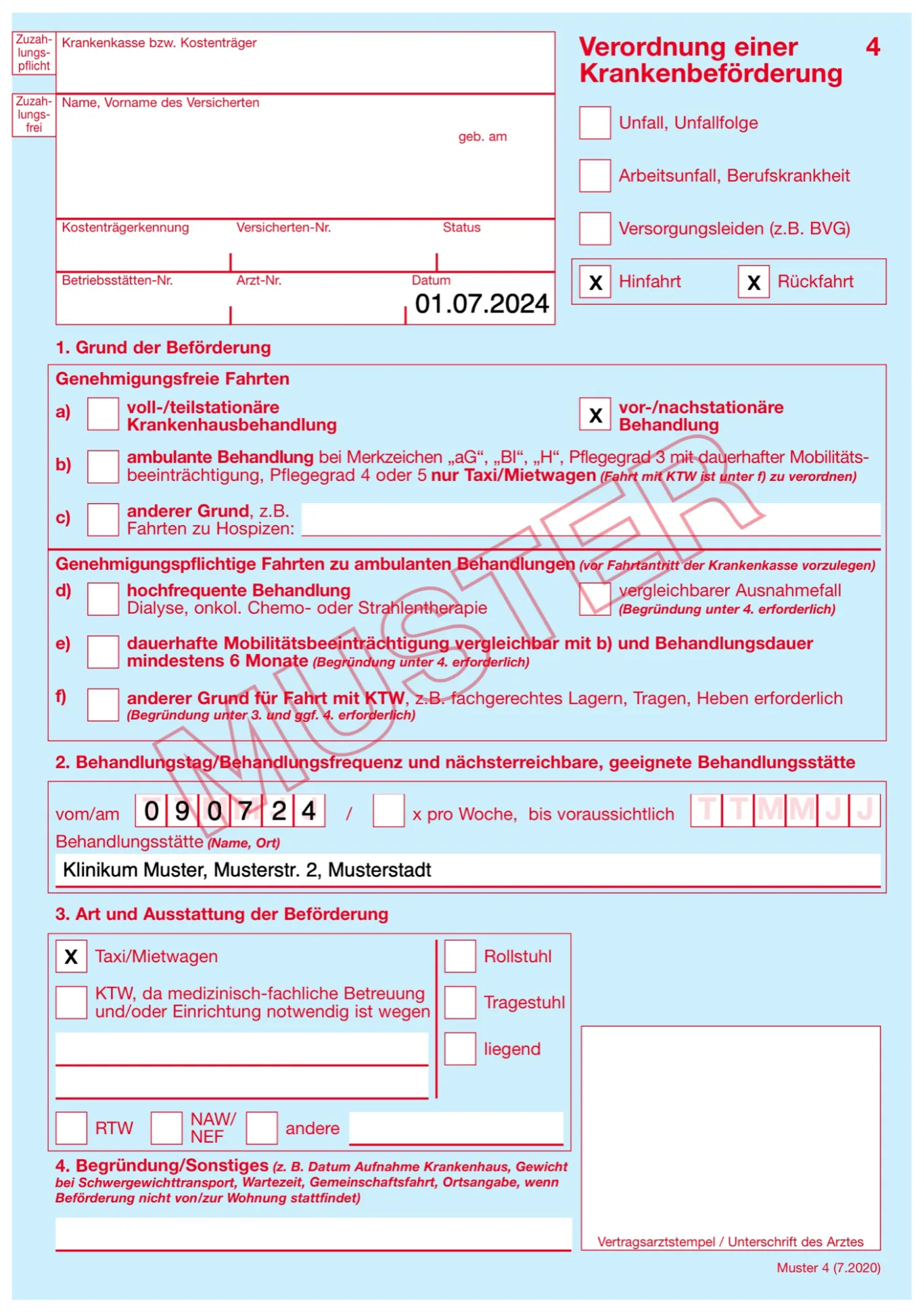 Muster 4 – Verordnung zur Krankenbeförderung (Beispielformular)